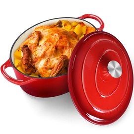 P&P CHEF 7QT Oval Dutch Oven Pot, Red Enameled Cast Iron Dutch Oven for Bread Baking, Roasting Chicken, Oven Safe & Easy Clean, Non-Stick & Dual Handles