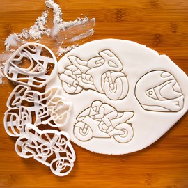 Set of 3 Motorcycle Cookie Cutters (Motorcycle Helmet, Motorcyclist, and Motorcycle) 3 Tiel