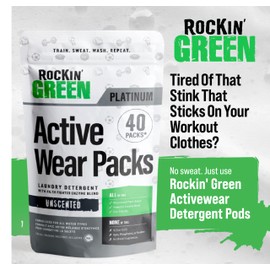 Rockin' Green Laundry Detergent Pods, Plant-based, All Natural, Vegan & Biodegradable Odor Fighter, Safe for Sensitive Skin (Unscented, Active Wear 40 Pods)