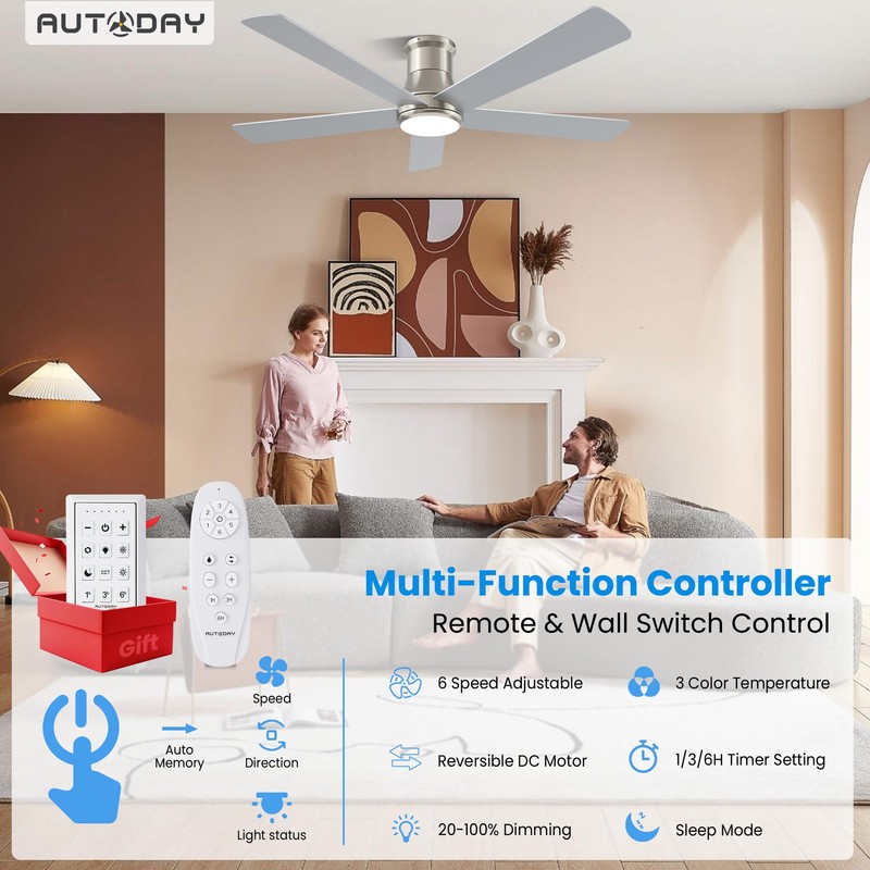 Autoday 52 Inch Low Profile Ceiling Fan with Light, Burshed