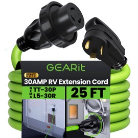 GEARit 30-Amp Extension Cord for RV and Auto, 125-Volt, 3-Prong, 10/3 STW 10AWG Gauge 3C, NEMA TT-30P to L5-30R - Twist Locking Adapter, Waterproof, RV, Trailer, Camper, ETL Listed, 25 feet, Green