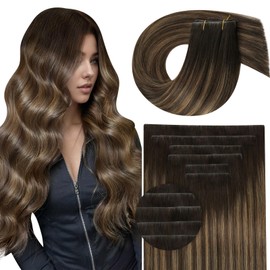 Full Shine Balayage Human Hair Clip in Extensions Brown Ombre Invisi Edge Clip in Hair Extensions Light Brown Mix Blonde Hair Extension Clip ins Invisible Hair Extension 20 Inch 120 G 6 PCS