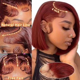 Reddish Brown Bob Wig Human Hair 13x4 Lace Front Wigs 10 Inch Short Straight Wine Glueless Wigs Pre Plucked 180% Density Natural Hairline Wigs for Black Women