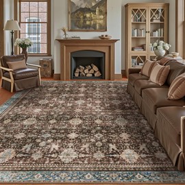 Carpelux Washable Area Rugs 8x10 Vintage Red, Large Indoor Rug for Living Room Bedroom, Traditional Farmhouse Carpet for Dining Room