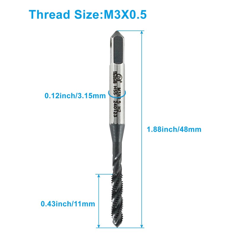 Cionyce 2 Pcs M3 x 0.5 Spiral Flute Thread Tap,Metric