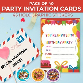 VELENTI 40 Kids Childrens Birthday Party Invitations - Kids, Boys, Grils Birthday Invitations, Invites with Folding Envelope Design and Holographic Stickers, Party Decoration