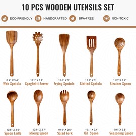 Terlulu 10 Pcs Wooden Spoons for Cooking, Natural Teak Wooden Kitchen Utensils Set, Durable Cooking Utensils Set with Comfort Grip for Cookware, Smooth Finish&NonStick& Heat Resistant Wooden Spatula