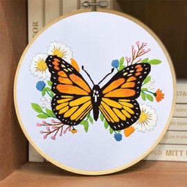 Yutaohui Butterfly Embroidery Kit with Flower,Flora Embroidery Kit for Adults Beginner,Stamped Cross Stitch Kit for Starters with Instruction,Hoop(7.9inch*7.9inch),Needles,Cloth and Thread.