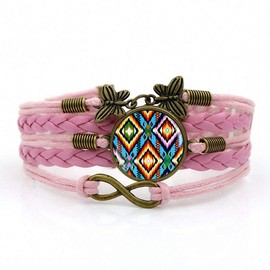 Handmade Knitted Leather Bracelet Colorful Native American Art Multilayer Glass Bracelet Pink