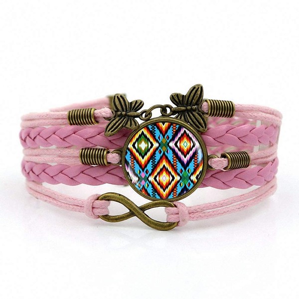 Handmade Knitted Leather Bracelet Colorful Native American Art Multilayer Glass