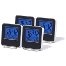 PEARL Alarm Clock with Thermometer: Set of 4 Compact Digital Travel Alarm Clocks with Thermometer, Calendar & Timer (Alarm Clock with Timer, Alarm Clock with Room Thermometer)