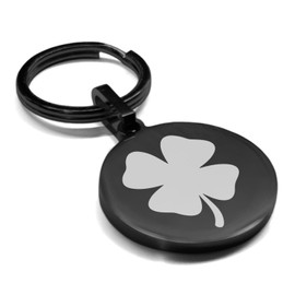 Comfort Zone Studios Stainless Steel Four Leaf Clover Good Luck Charm Round Medallion Keychain Circle Ring, Black
