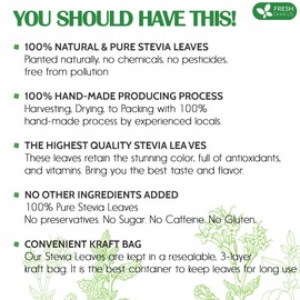 FreshDrinkUS, Premium 300+ Natural Stevia Leaves, Whole Dried Leaves, 100% Pure Stevia Dried Leaves, Zero Calorie Sweetener, No Additives, No Caffeine, Vegan