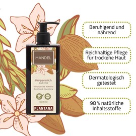PLANTANA® Almond Body Milk 250 ml | Antioxidant | Moisturising | Free from Parabens, Silicones, SLES, Artificial Colours and Mineral Oils