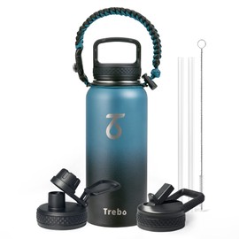 Trebo 32oz Water Bottle Insulated with Lid and Straw,Double Wall Vacuum Stainless Steel Metal Tumbler Sports Flask with Paracord Handle, Keep Cold 48 Hours Water Cup with 3 Lids, Indigo/Black