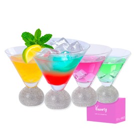 Veuverig 4.5in Width,Stemless Martini Glasses set of 4,10 Oz Lead-Free Clear Crystal Cocktail Glasses,Hand Blown Glassware,for Wedding, Cocktail Party, Birthday,Gifts Women (Silver Cocktail glass)