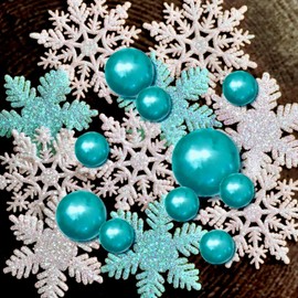 100 Floating White & Aqua Blue Snowflakes & Pearls- With 6 Warm White Submersible LED Fairy Lights Strings & Hidable Submersible Battery- Transparent Water Gels- Fills 2 Gallons for Vases & Prep Bags