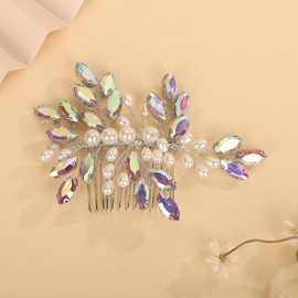 Teyglen Ab Color Rhinestone Wedding Hair Comb Bridal Pearl Crystal Hair Comb Hair Accessories for Bride Headpiece Hair Piece for Women (Ab color)