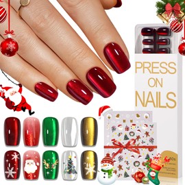 HOSAILY Christmas Cat Eye Press on Nails Short Square, 150pcs 5 Colors Soft Gel Glossy Jelly Glass Red Ruby Brown Green White Glitter Fake Nail with Stickers, Salon Quality Fit Perfectly Stick on Nail