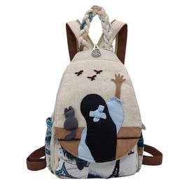HUANGGUOSHU Womens Hippie Cotton Hemp Cloth Backpack Boho Vintage Embroidered Casual Purse Handbags Messenger Bag Cat and Girl