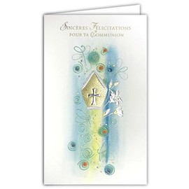 19-623 Gold and Silver Congratulations SINCERES Card with White Envelope 19.5 x 12 cm for Boy Girl Communiant Christian Cross Catholic Mitre Bishop Flowers