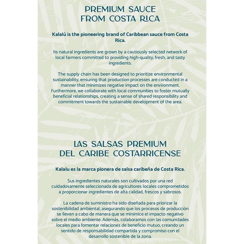 Kalalú Premium Sauce from Costa Rica. Fresh ingredients, Bold Flavors.