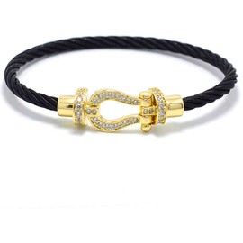 Deelfel Men's Women's Horseshoe Bracelet, Black, Silver, Stainless Steel, Zirconia, Horseshoe, Bangle, Twist, Wire, U-Shaped, Horseshoe Bracelet, Couples Style, Stylish, Cool, Present, Stainless