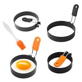 RHQFDM Set of 4 Stainless Steel Round Omelette Moulds Non-Stick Round Egg Rings Fried Egg Moulds for the Pan, Multifunctional Egg Ring Moulds, Non-Stick Coating, Heat Resistant Handle, Comes with Oil