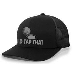 Mens Golf Hat Funny I'd Tap That Golf Ball Mesh Back Trucker Hat, Black/Black