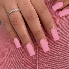 Coffin Press on Nails Medium Long Square Nails Press on,KQueenest Matte Rose Pink Glue on Nails Long Fake Nails for Girls Opaque Stick on Nails for Women Thick Acrylic Nails Set Solid Square Tip Nails