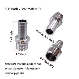3 Pcs 3/4" Barb x 3/4" Male NPT Stainless Steel Hose Barb to NPT Male Adapter Connectors for Water, Gas, Oil, Fuel, Air Tools, RV Plumbing and Compressor