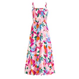 PRETTYGARDEN Womens Summer Dresses 2025 Casual Spaghetti Strap Ruffle Smocked Flowy Floral Print Maxi Dress with Pockets(Apricot Rose Red Flower,Large)