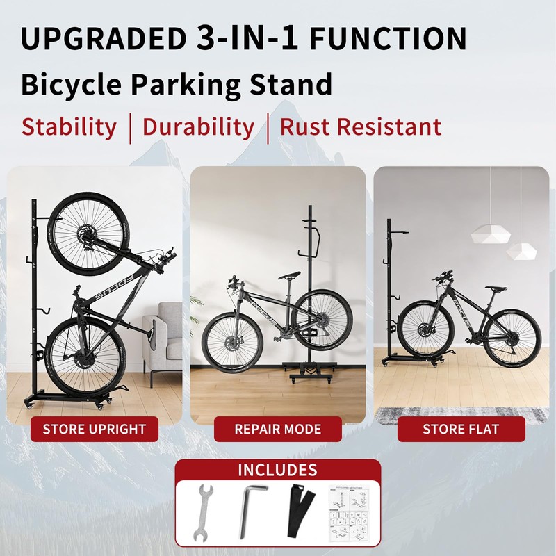 Vertical Bike Stand with Wheels, Fits 22"-29" Bikes, Tires up