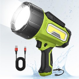 FORTO Rechargeable Spotlight Flashlight, 200000 Lumens Handheld Spotlight with Foldable Stand, 6 Modes IPX7 Waterproof LED Spot Lights for Boating Hunting Hiking (Green)