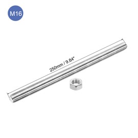 QUARKZMAN Set of 2 Threaded Rods M16 x 250 mm with 4 Hex Nuts Set, Threaded Rod Stainless Steel Fully Threaded Rod Set Screw for Furniture Machines Mounting Kit