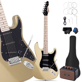 Leo Jaymz 39" Full Size ST Style Electric Guitar Starter Kit with SSS Pickups, 5W Portable Amp, Tuner, Gig Bag, Strap & Accessories(Gold 5W)