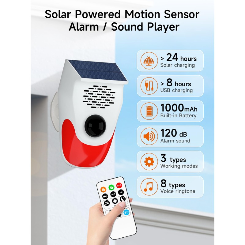 PILSAMAS Solar Motion Sensor Alarm with Custom Voice Upload -