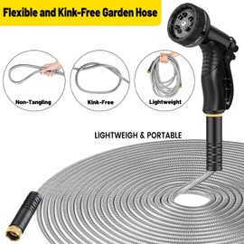 Garden Hose 25 ft, Heavy Duty Stainless Steel Metal Water Hose with 10 Function Nozzle, No Kink, Leak-proof and Lightweight, Easy to Use and Sturdy, Puncture Proof Hose Metal for Outdoor, Yard