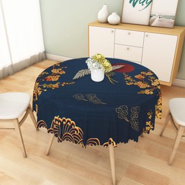 Japanese Style Tablecloth for Round Table 70 Inch Golden Cherry Blossom Crane Fabric Table Cloth Anti-wrinkle Reusable Dark Blue Table Cover for Theme Party Picnic Camping Kitchen Dining Decor