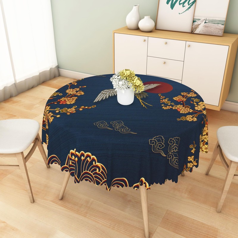 Japanese Style Tablecloth for Round Table 70 Inch Golden Cherry