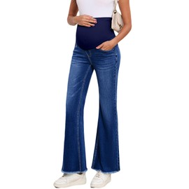 BLENCOT Maternity Denim Pants for Women Stretch Over Belly Pregnancy Jeans for Pregnant Womens Flare Bottom with Pockets Soft Comfort Fit P905 Blue 2XL