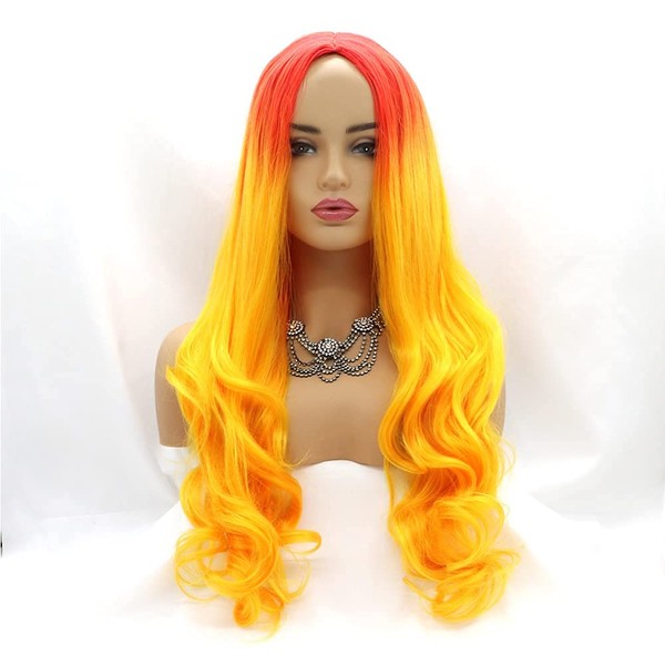 Xiweiya Wigs Ombre Golden Yellow Colour Synthetic Hair Wig Long Body Wavy Orange Red Yellow Colour No Lace Machine Made for Girls Party