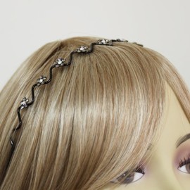 Decorative Headband Flowers Wavy Wire Rhinestone Crystal Headband, Black