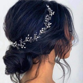 Bridal Headpiece Silver Wedding Headband for Bridal Hair Accessories,Silver Bride Wedding Hair Vine Flower Bridal Hair Piece Pearl Hair Accessories Leaf Headpieces Jewelry for Women and Girls