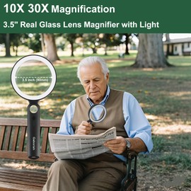 Magnifying Glass with Light, 10X 30X Handheld Real Glass Magnifier with 36 LED Light, 5 Color Modes Dimmable Rechargeable Lighted Magnifier for Seniors Reading, Inspection (White & Black)
