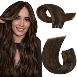 Moresoo Sew in Hair Extensions Human Hair Light Brown with Darkest Brown Weft Human Hair Extensions Highlights Invisible 100g 24 inch