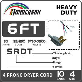 HONDERSON 4 Prong Dryer Cord 6 ft, 10 Gauge 30 Amp Extension Cord, NEMA 14-30, 4-Wire Appliance Cord, Dryer Plug Pure Copper Wire, ETL Listed, Gray