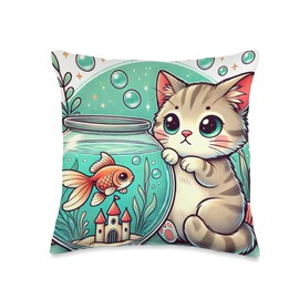 Adorable Kitten and Goldfish in a Fishbowl Scene Throw Pillow