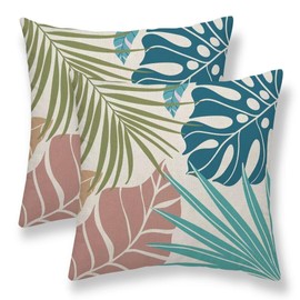 Summer Palm Leaf Pillow Covers 18x18 Set of 2, Pink Teal Blue Tropical Leaf Outdoor Decorative Throw Pillow Covers Green Blue Botanical Farmhouse Cushion Case Linen Square Decor for Home Couch Sofa