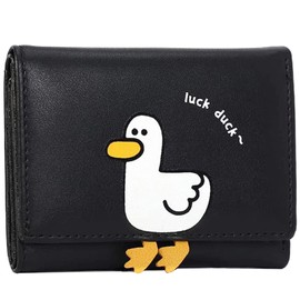 Favydov Cute Copmact Small Wallet for Women Girls Trifold Card Holder Mini Purse ID Window Cash Pocket Duck Print Black